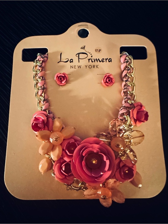 Jewelry - La Primera Pink Floral Statement Necklace and Earrings Set